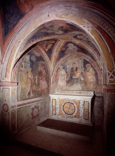 View of the upper church presbytery with the altar in the cosmatesque style by Italian School
