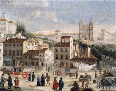 View over Spain square and saint Trinity church in Rome - 17th century by Italian School