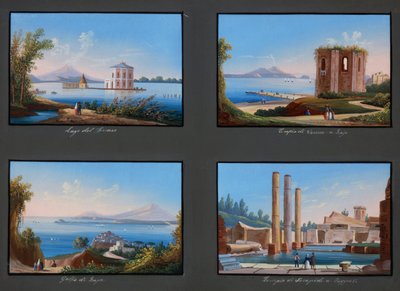 Views of Phlegraean Fields: Fusaro Lake, Temple of Venus in Baja, Baja Gulf, Temple of Serapis in Pozzuoli by Italian School