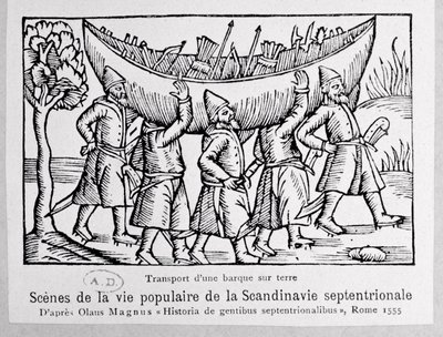 Vikings Carrying a Boat to Russia, illustration from Historia de Gentibus Septentrionalibus by Olaus Magnus (1490-1558), published in Rome, 1555 by Italian School
