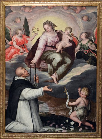 Virgin hands the rosary to St. Dominic by Italian School