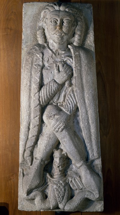 Warrior squatting with dragon, stone bas-relief by Italian School