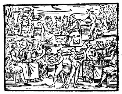 Witches and Sorcerers Feasting at the Sabbath, Illustration from Compendium Maleficarum by Francesco Maria Guazzo, 1608 by Italian School