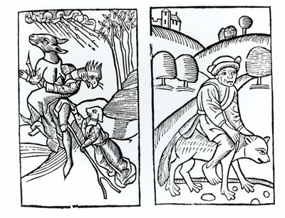 Witches disguised as animals riding a broomstick and male witch riding a wolf, copies of illustrations from Compendium Maleticarum by Fr M Guaccius, used in History of Magic by Italian School
