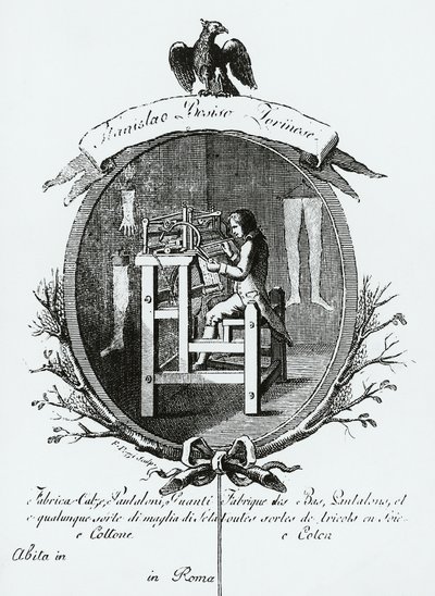 Worker at loom, Image advertising Stanislaus Bosisio Torinese, Manufacturer of socks, Pants, Gloves, and any sort of silk and cotton knitwear, Engraving, Italy by Italian School