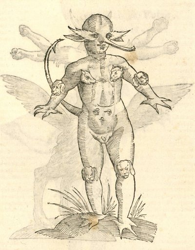 Illustration of Infans capitibus Animalium from Aldrovandi
