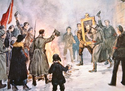 Bolshevik soldiers about to burn a portrait of the Tsar, during the 1917 Russian Revolution by Ivan Alexeyevich Vladimirov