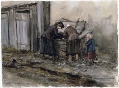 Two Women and a Child Searching Through Trash Bin (from the Series of Watercolors Russian Revolution) by Ivan Alexeyevich Vladimirov