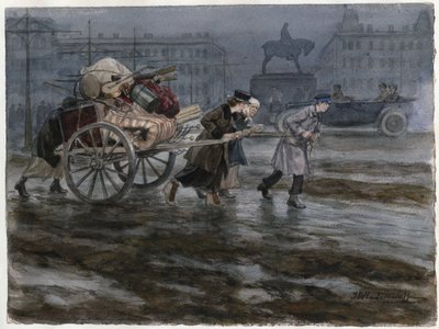 Family moving its belongings on cart (from the series of watercolors Russian revolution) by Ivan Alexeyevich Vladimirov