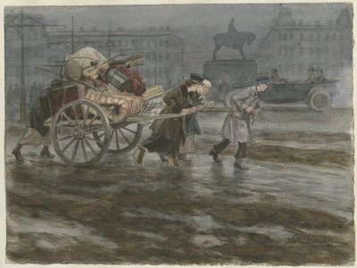 Family Moving its Belongings on Cart from the Series of Watercolors Russian Revolution by Ivan Alexeyevich Vladimirov
