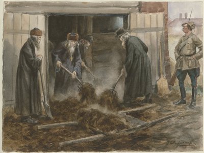 Russian clergy shoveling hay: September 1918 from the series of watercolors Russian revolution by Ivan Alexeyevich Vladimirov