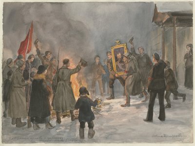 Soldiers burning paintings from the series of watercolors Russian revolution by Ivan Alexeyevich Vladimirov