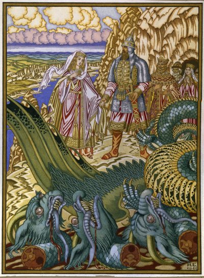 Dobrynya Nikitich Rescues Zabava Putyatishna from the Dragon Gorynych. Traditional Tale from Kievan Rus. by Ivan Yakovlevich Bilibin