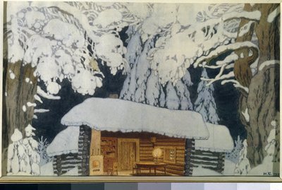 Wooden House in the Snowy Forest. Set Design for the Play 