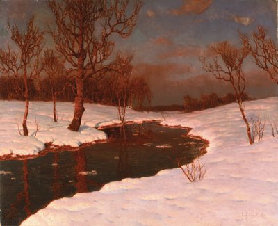 Sunset on a Snowy River Landscape by Ivan Fedorovich Choultse