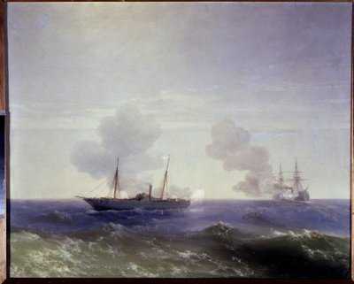 The Naval Battle Between the Russian Cruiser Vesta and the Ironclad Fethi Bulend by Ivan Konstantinovich Aivazovsky
