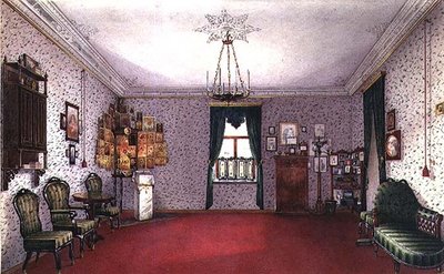 A Russian living room with an icon corner by Ivan Petrovich Volski