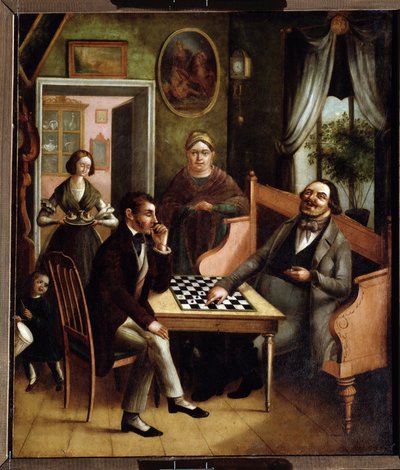 The Checkers Players. Group of Russian Bourgeois in an Interior. by Ivan Stepanovich Doshchennikov
