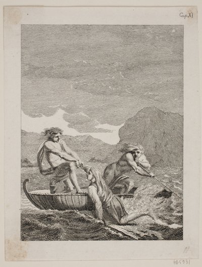 The Shipwrecked Niels Klim Rescued by Two Qvamites in a Willow Boat by J.F. Clemens