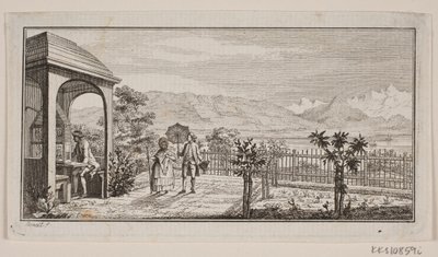 A Garden Terrace in Genthod with a Walking Couple by J.F. Clemens