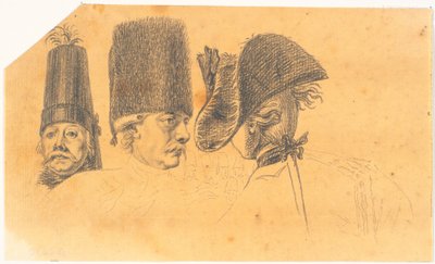 Preparatory work for three of the heads for the engraving: Frederick the Great rides home after a review at Potsdam by J.F. Clemens