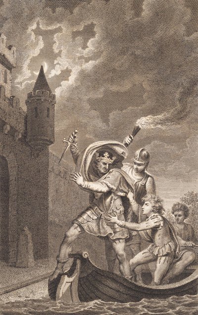 Illustration. A King with a Raised Dagger and Three People in a Boat by J.F. Clemens