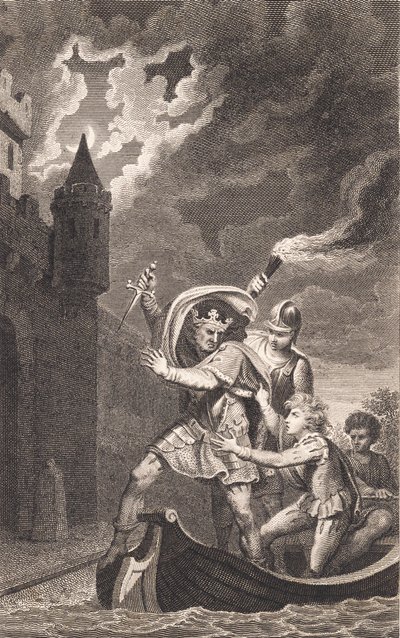 Illustration. A King with a Raised Dagger and Three People in a Boat by J.F. Clemens
