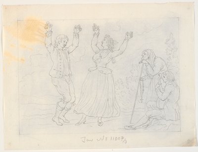 Man and Woman Dancing Fandango. A Young Man Playing Guitar and an Old Woman Watching by J.F. Clemens