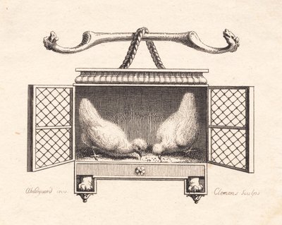Vignette Depicting Two Chickens Pecking Grain by J.F. Clemens