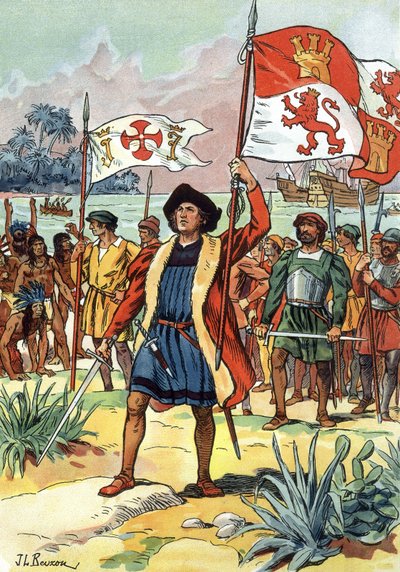 1492: Christopher Columbus arriving in America with spanish flag by J.L Beuzon (fl.1880 1940)