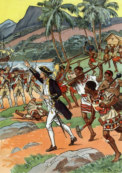 Death of James Cook killed by locals in Hawaii by J.L Beuzon (fl.1880 1940)