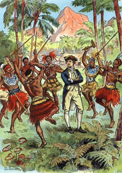 James Cook (1728-1779) and locals in Hawai by J.L Beuzon (fl.1880 1940)