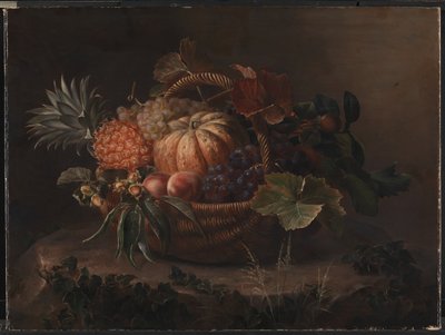A basket of fruits on a tree stump by J.L. Jensen