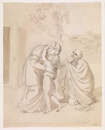 Sarah Bids Farewell to Isaac, Abraham Kneeling by J.L. Lund