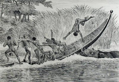 Enraged Hippopotamus Upsetting a Boat by J.M. Corner