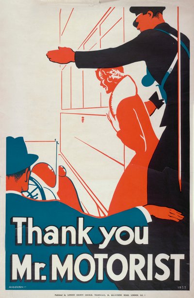 Thank You Mr Motorist, London County Council LCC Tramways Poster by JS Anderson