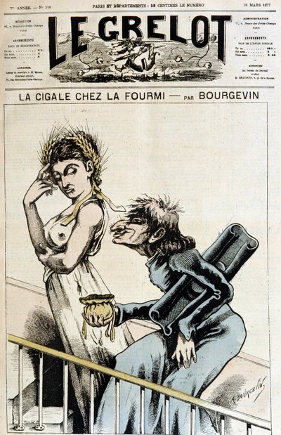 The Cicada and the Ant - Anticlerical Caricature of a Jesuit Holding an Open Purse to a Woman Wearing a Crown of Wheat Ears by J.  Blass