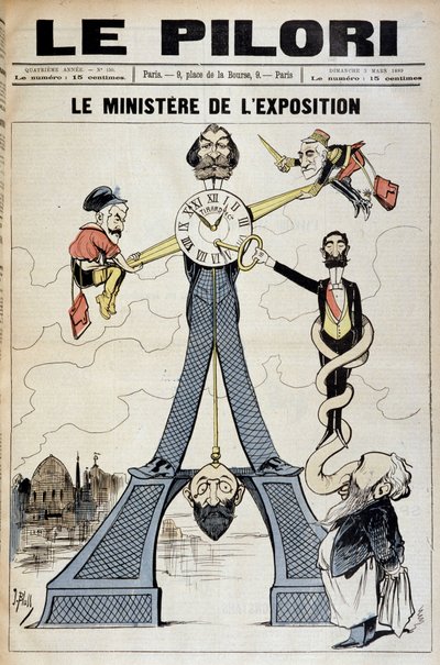 The Minister of Exhibition (cartoon on financial scandals at the end of the 19th century and the Eiffel Tower). Illustration by J. Blass (Albert Douat) (1847-1892). Cover of “Le Pilori” of March 3 by J.  Blass