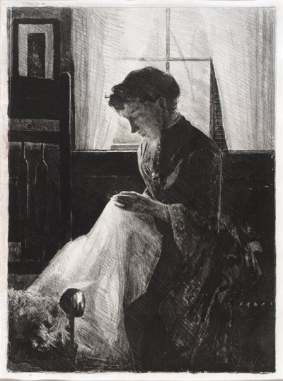 Profile Portrait of a Woman Sewing by J. Alden Weir