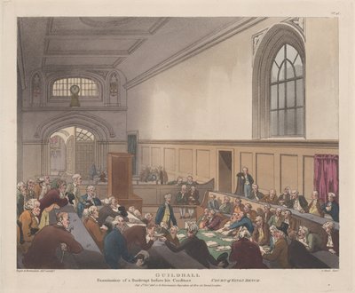 Guildhall, Examination of a Bankrupt before his Creditors, Microcosm of London, November 1, 1808 by J. Bluck