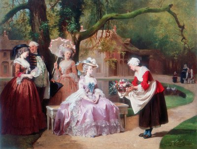 Empress Eugenie presented with bouquet by peasant girl by J Carand