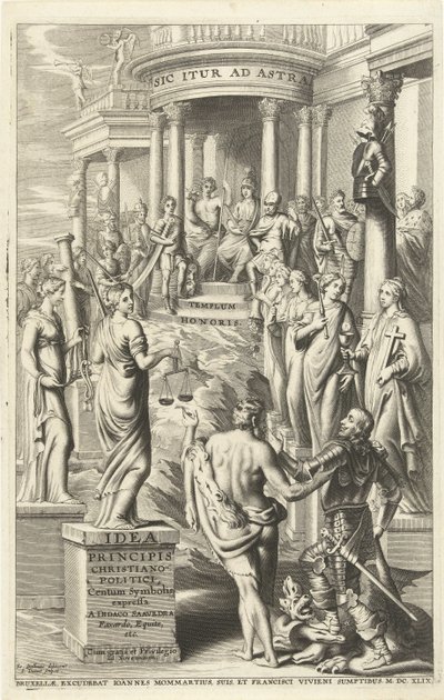 Hercules Leads Man Past Personifications of Virtues to Temple of Eternal Glory (Title Page for: Idea Principis Christiano-Politica, Centum Symbolis Expressa, Brussels 1649) by J. Danoot
