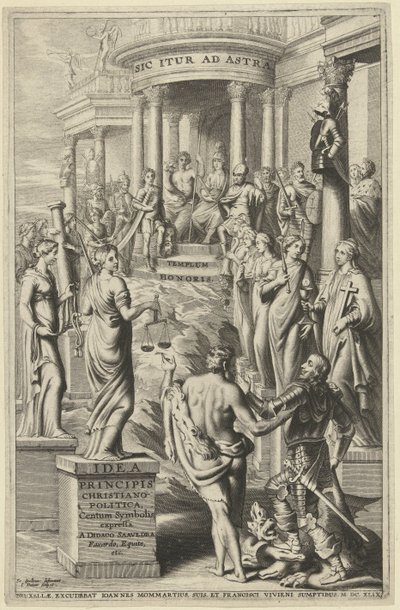 Hercules Leads Man Past Personifications of Virtues to Temple for Eternal Glory (Title Page for: Idea principis christiano-politica, Centum Symbolis expressa, Brussels 1649) by J. Danoot