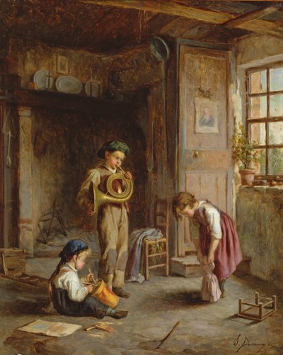 Boys with French Horn and Drum by J. Devaux