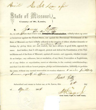 Loyalty oath of James Getty of Missouri, County of St. Louis by J. Getty