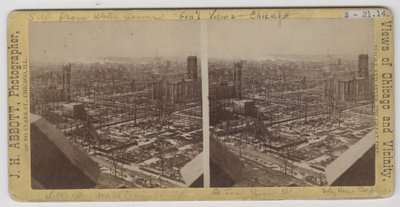 Stereograph of view southwest from Water Tower after the Chicago Fire of 1871 by J. H. Abbott
