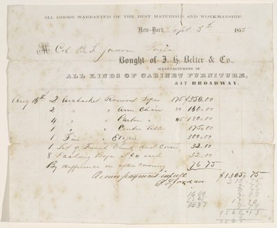 Bill of Sale to Col. B. S. Jordan, September 5, 1855 by J. H. Belter and Co. J. H. Belter and Co.