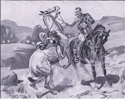 Major Brown, 14th Hussars, holding Lieutenant Brown