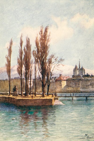 The Statue of Jean Jacques Rousseau on the Island in the Rhone, Geneva, from Hotel des Bergues, JHL by J. Hardwicke Lewis
