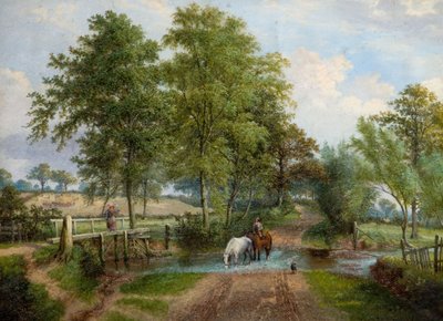 Rural Scene with Horses at Stream, 1870s by J. Jolly